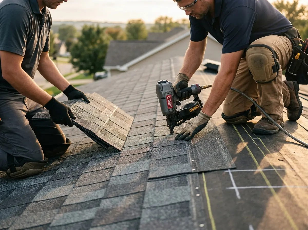 Professional roofer working on a residential roof in Greendale